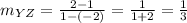 m_{YZ}=\frac{2-1}{1-(-2)}=\frac{1}{1+2}=\frac{1}{3}