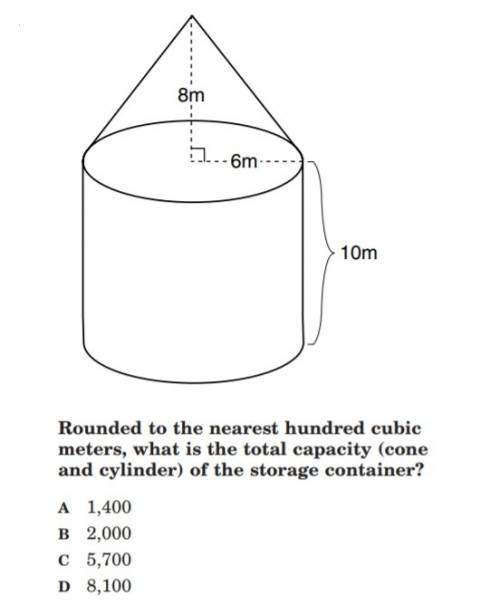 Rounded to the nearest hundred cubic meters, what is the total capacity (cone and cylinder) of the s