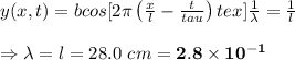y(x,t)=bcos[2\pi\left(\frac{x}{l}-\frac{t}{tau}\right)\right[tex] &#10;\frac{1}{\lambda} = \frac{1}{l}  \\  \\  \Rightarrow\lambda= l =28.0 \ &#10;cm=\bold{2.8\times10^{-1}}