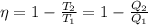 \eta=1-\frac{T_2}{T_1}=1-\frac{Q_2}{Q_1}