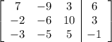\left[\begin{array}{ccc|c}7&-9&3&6\\-2&-6&10&3\\-3&-5&5&-1\end{array}\right]