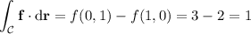 \displaystyle\int_{\mathcal C}\mathbf f\cdot\mathrm d\mathbf r=f(0,1)-f(1,0)=3-2=1