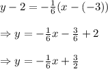y-2=- \frac{1}{6} (x-(-3)) \\  \\ \Rightarrow y=- \frac{1}{6} x- \frac{3}{6} +2 \\  \\ \Rightarrow y=- \frac{1}{6} x+ \frac{3}{2}