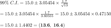 99\% \ C.I.=15.0\pm 3.05454\times \frac{1.7}{\sqrt{13}}  \\  \\ =15.0\pm3.05454\times\frac{1.7}{3.60555}=15.0\pm3.05454\times0.47150 \\  \\ =15.0\pm1.4402=\bold{(13.6,\ 16.4)}