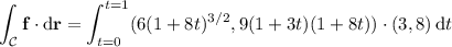 \displaystyle\int_{\mathcal C}\mathbf f\cdot\mathrm d\mathbf r=\int_{t=0}^{t=1}(6(1+8t)^{3/2},9(1+3t)(1+8t))\cdot(3,8)\,\mathrm dt