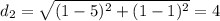 d_{2}=\sqrt{(1-5)^{2}+(1-1)^{2}}=4