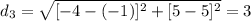 d_{3}=\sqrt{[-4-(-1)]^{2}+[5-5]^{2}}=3