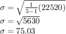 \sigma=\sqrt{\frac{1}{5-1}(22520)}\\\sigma=\sqrt{5630}\\\sigma=75.03