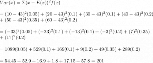 Var(x)=\Sigma(x-E(x))^2f(x) \\  \\ =(10-43)^2(0.05)+(20-43)^2(0.1)+(30-43)^2(0.1)+(40-43)^2(0.2) \\ +(50-43)^2(0.35)+(60-43)^2(0.2) \\  \\ =(-33)^2(0.05)+(-23)^2(0.1)+(-13)^2(0.1)+(-3)^2(0.2)+(7)^2(0.35) \\ +(17)^2(0.2) \\  \\ =1089(0.05)+529(0.1)+169(0.1)+9(0.2)+49(0.35)+289(0.2) \\  \\ =54.45+52.9+16.9+1.8+17.15+57.8=201