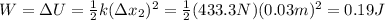 W=\Delta U=  \frac{1}{2}k(\Delta x_2)^2= \frac{1}{2}(433.3 N)(0.03 m)^2=0.19 J