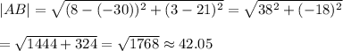 |AB|=\sqrt{(8-(-30))^2+(3-21)^2}=\sqrt{38^2+(-18)^2}\\\\=\sqrt{1444+324}=\sqrt{1768}\approx42.05