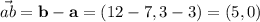 \vec{ab}=\mathbf b-\mathbf a=(12-7,3-3)=(5,0)