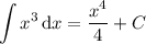 \displaystyle\int x^3\,\mathrm dx=\dfrac{x^4}4+C