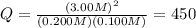 Q=\frac{(3.00 M)^{2}}{(0.200 M)(0.100 M)}=450