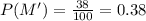 P(M')=\frac{38}{100} = 0.38