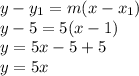 y-y_{1} =m(x-x_{1} )\\y-5=5(x-1)\\y=5x-5+5\\y=5x