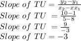 Slope\,\,of\,\,TU=\frac{y_{2}-y_{1}}{x_{2}-xx_{1}} \\Slope\,\,of\,\,TU\,\,=\frac{10-1}{5-8}\\Slope\,\,of\,\,TU\,\,=\frac{9}{-3} \\Slope\,\,of\,\,TU=-3