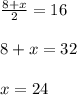 \frac{8+x}{2} =16\\&#10;\\&#10;8+x=32\\&#10;\\&#10;x=24