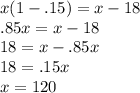 x(1 - .15) = x - 18 \\ .85x = x - 18 \\ 18 = x - .85x \\ 18 = .15x \\ x = 120