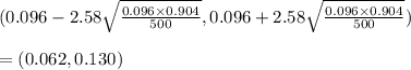 (0.096-2.58\sqrt{\frac{0.096 \times 0.904}{500}},0.096+2.58\sqrt{\frac{0.096 \times 0.904}{500}})\\\\ = (0.062,0.130)