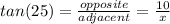 tan( 25 )= \frac{opposite}{adjacent} = \frac{10}{x}