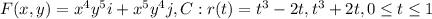 F(x, y) = x^4y^5i + x^5y^4j, C: r(t) = t^3 - 2t, t^3 + 2t , 0 \leq  t \leq  1