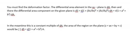 Find the area of the part of the plane z = ax + by + c that projects onto a region in the xy-plane w