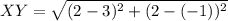 XY=\sqrt{(2-3)^2+(2-(-1))^2}