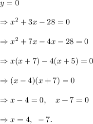 y=0\\\\\Rightarrow x^2+3x-28=0\\\\\Rightarrow x^2+7x-4x-28=0\\\\\Rightarrow x(x+7)-4(x+5)=0\\\\\Rightarrow (x-4)(x+7)=0\\\\\Rightarrow x-4=0,~~~x+7=0\\\\\Rightarrow x=4,~-7.