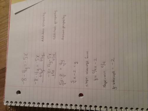 Solve for y to get the equation into slope-intercept form and then state the slope and state the slo