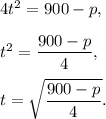 4t^2=900-p,\\\\t^2=\dfrac{900-p}{4},\\\\t=\sqrt{\dfrac{900-p}{4}}.