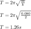 T=2 \pi  \sqrt{ \frac{m}{k} }  \\  \\ T=2 \pi  \sqrt{ \frac{0.080}{2} }   \\  \\ T=1.26s