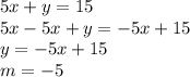 5x+y=15\\5x-5x+y=-5x+15\\y=-5x+15\\m=-5