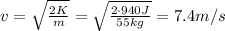 v= \sqrt{ \frac{2K}{m} }= \sqrt{ \frac{2\cdot 940 J}{55 kg} } =7.4 m/s