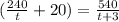 (\frac{240}{t}+20)=\frac{540}{t+3}