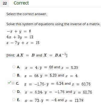 select the correct answer. solve this system of equations using the inverse of a matrix.
