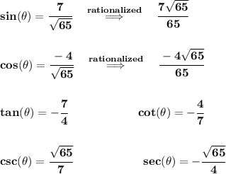 \bf sin(\theta )=\cfrac{7}{\sqrt{65}}\quad \stackrel{rationalized}{\implies }\quad\cfrac{7\sqrt{65}}{65}&#10;\\\\\\&#10;cos(\theta )=\cfrac{-4}{\sqrt{65}}\quad \stackrel{rationalized}{\implies }\quad \cfrac{-4\sqrt{65}}{65}&#10;\\\\\\&#10;tan(\theta )=-\cfrac{7}{4}\qquad\qquad \qquad  cot(\theta )=-\cfrac{4}{7}&#10;\\\\\\&#10;csc(\theta )=\cfrac{\sqrt{65}}{7}\qquad\qquad \qquad  sec(\theta )=-\cfrac{\sqrt{65}}{4}