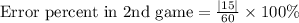 \text{Error percent in 2nd game}=\frac{|15|}{60}\times 100\%