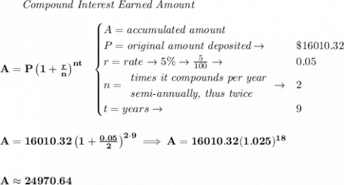 \bf ~~~~~~ \textit{Compound Interest Earned Amount}&#10;\\\\&#10;A=P\left(1+\frac{r}{n}\right)^{nt}&#10;~~&#10;\begin{cases}&#10;A=\textit{accumulated amount}\\&#10;P=\textit{original amount deposited}\to &\$16010.32\\&#10;r=rate\to 5\%\to \frac{5}{100}\to &0.05\\&#10;n=&#10;\begin{array}{llll}&#10;\textit{times it compounds per year}\\&#10;\textit{semi-annually, thus twice}&#10;\end{array}\to &2\\&#10;t=years\to &9&#10;\end{cases}&#10;\\\\\\&#10;A=16010.32\left(1+\frac{0.05}{2}\right)^{2\cdot 9}\implies A=16010.32(1.025)^{18}&#10;\\\\\\&#10;A\approx 24970.64
