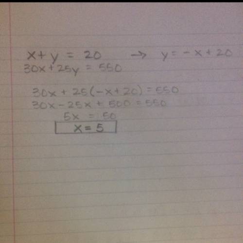 Use the substitution method to solve the system of equations. x + y = 20 30x + 25y = 550
