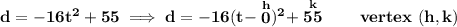 \bf d=-16t^2+55\implies d=-16(t-\stackrel{h}{0})^2+\stackrel{k}{55}\qquad vertex~(h,k)