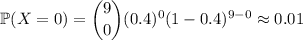 \mathbb P(X=0)=\dbinom90(0.4)^0(1-0.4)^{9-0}\approx0.01