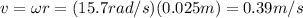 v= \omega r = (15.7 rad/s)(0.025 m)=0.39 m/s