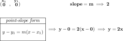 \bf (\stackrel{x_1}{0}~,~\stackrel{y_1}{0})~\hspace{10em} slope = m\implies 2 \\\\\\ \begin{array}{|c|ll} \cline{1-1} \textit{point-slope form}\\ \cline{1-1} \\ y-y_1=m(x-x_1) \\\\ \cline{1-1} \end{array}\implies y-0=2(x-0)\implies y=2x