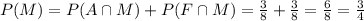 P(M)=P(A\cap M)+P(F\cap M)=\frac{3}{8}+\frac{3}{8}=\frac{6}{8}=\frac{3}{4}