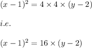 (x-1)^2=4\times 4\times (y-2)\\\\i.e.\\\\(x-1)^2=16\times (y-2)
