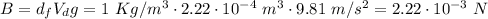 B=d_f V_d g=1~Kg/m^3 \cdot 2.22\cdot10^{-4}~m^3 \cdot 9.81~m/s^2=2.22\cdot10^{-3}~N