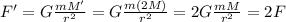 F'=G\frac{mM'}{r^2}=G\frac{m(2M)}{r^2}=2G\frac{mM}{r^2}=2F