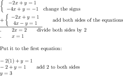 \left\{\begin{array}{ccc}-2x+y=1\\-4x+y=-1&\text{change the signs}\end{array}\right\\\\\underline{+\left\{\begin{array}{ccc}-2x+y=1\\4x-y=1\end{array}\right}\qquad\text{add both sides of the equations}\\.\qquad2x=2\qquad\text{divide both sides by 2}\\.\qquad x=1\\\\\text{Put it to the first equation:}\\\\-2(1)+y=1\\-2+y=1\qquad\text{add 2 to both sides}\\y=3
