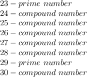 23-prime \ number \\ 24-compound \ number \\ 25-compound \ number \\ 26-compound \ number \\ 27-compound \ number \\ 28-compound \ number \\ 29-prime \ number \\ 30-compound \ number